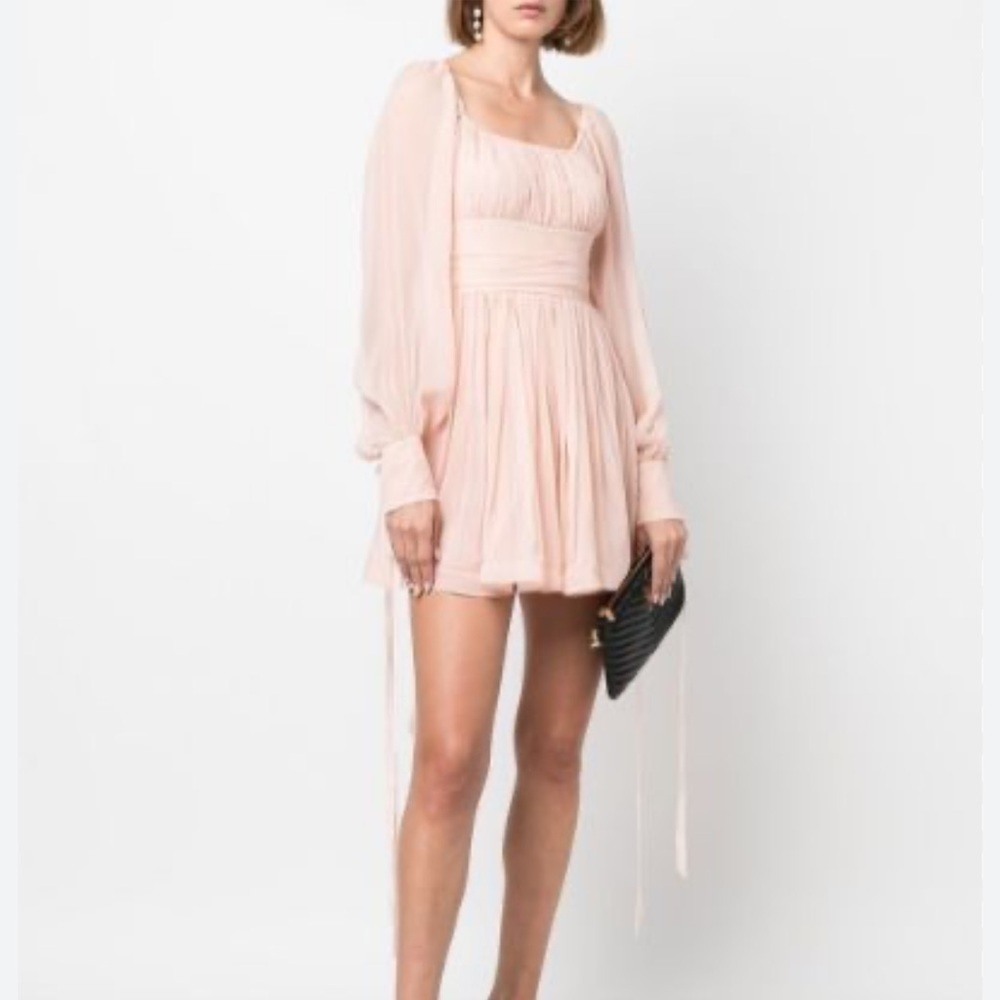New Saint Laurent Ruched Puff-Sleeved Pleated Silk Mini Dress in Rose Size 40